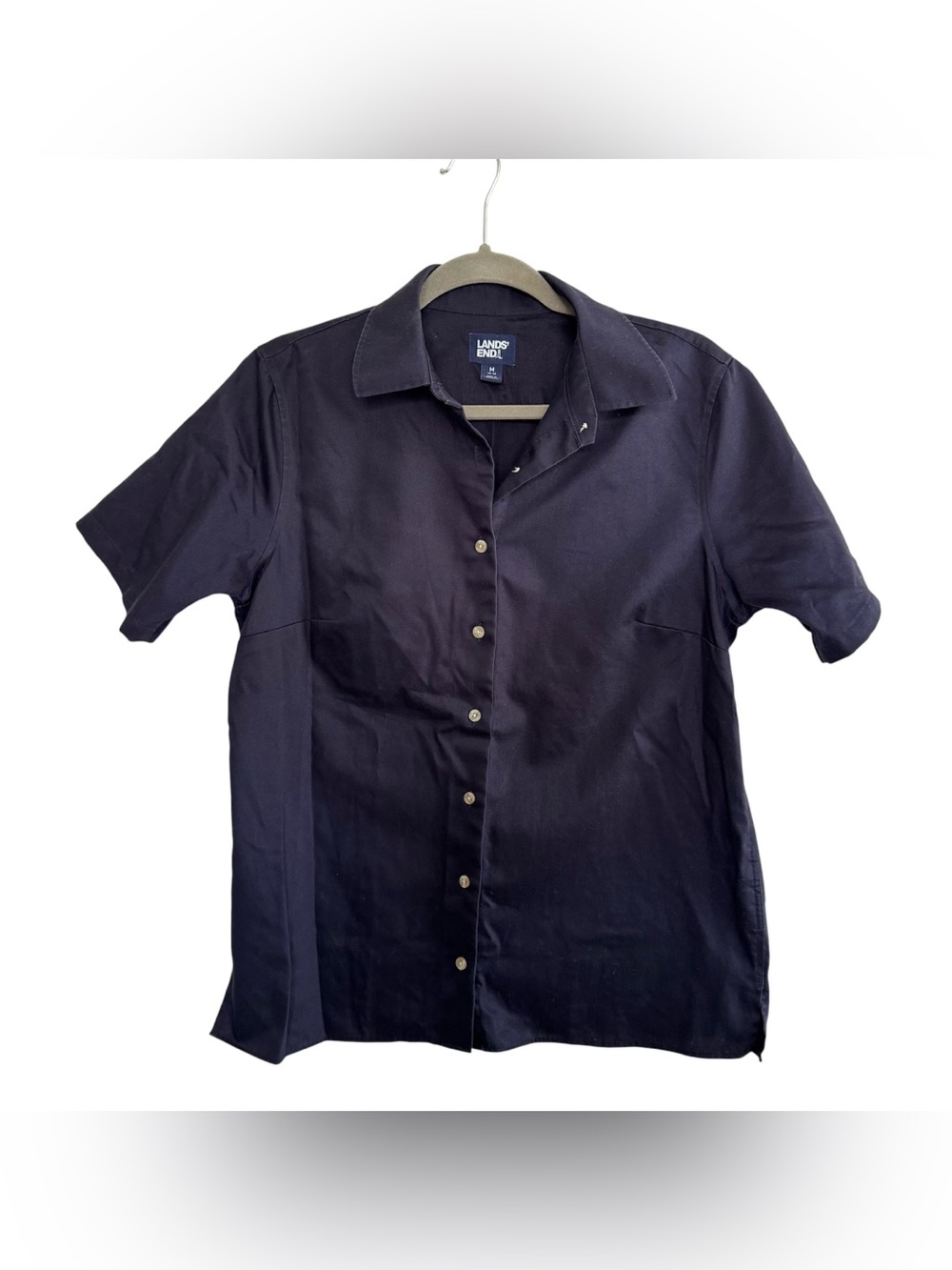 Lands End navy Blue Short Sleeve Button Down Cotton Shirt Size Medium Uniform